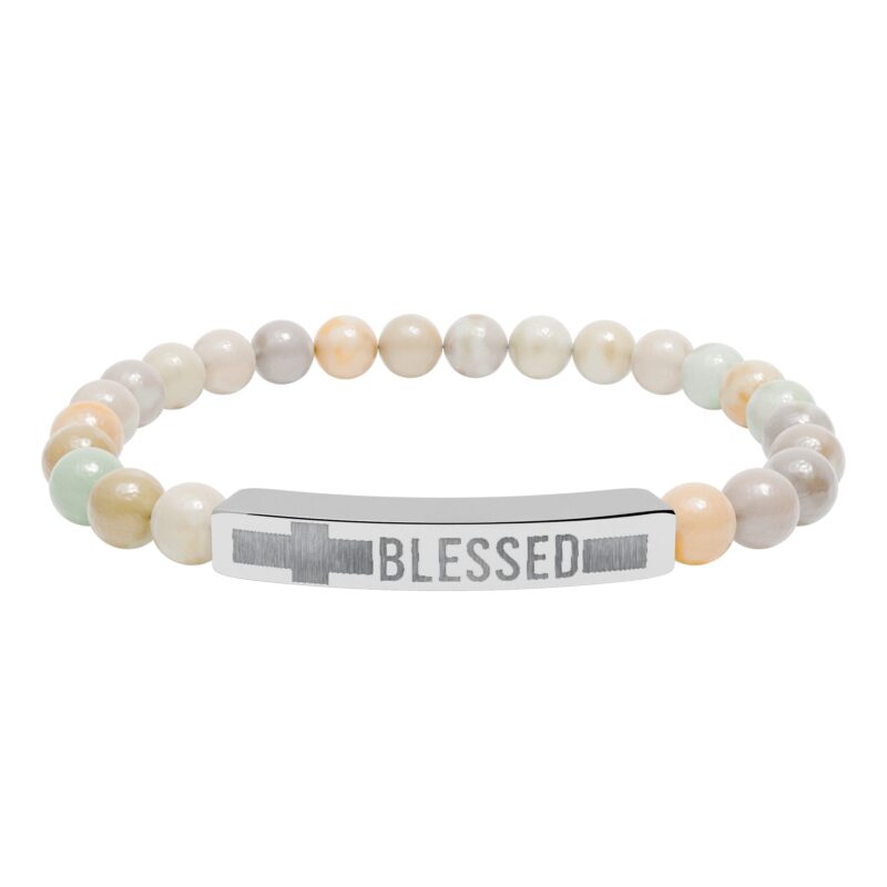 blessed natural stone stretch bar bracelet — engraved spiritual beaded bracelet