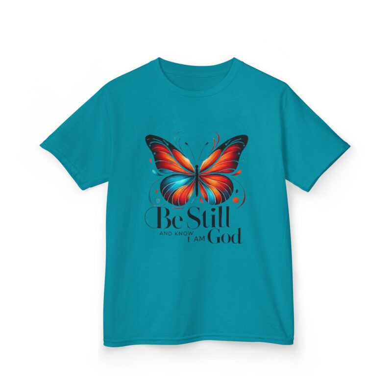 Home kids tee — colorful butterfly "be still and know i am god" christian shirt