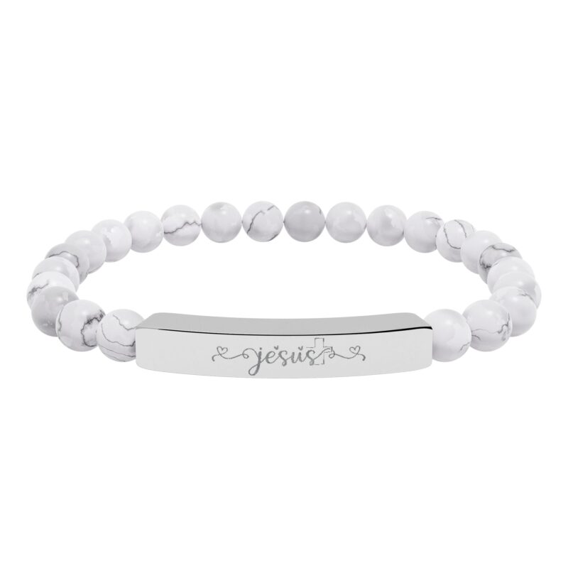 engravable natural stone bead bracelet — stretch bar bracelet with personalized engraving