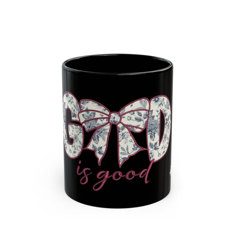 good is good floral bow black mug — inspirational coffee cup for women