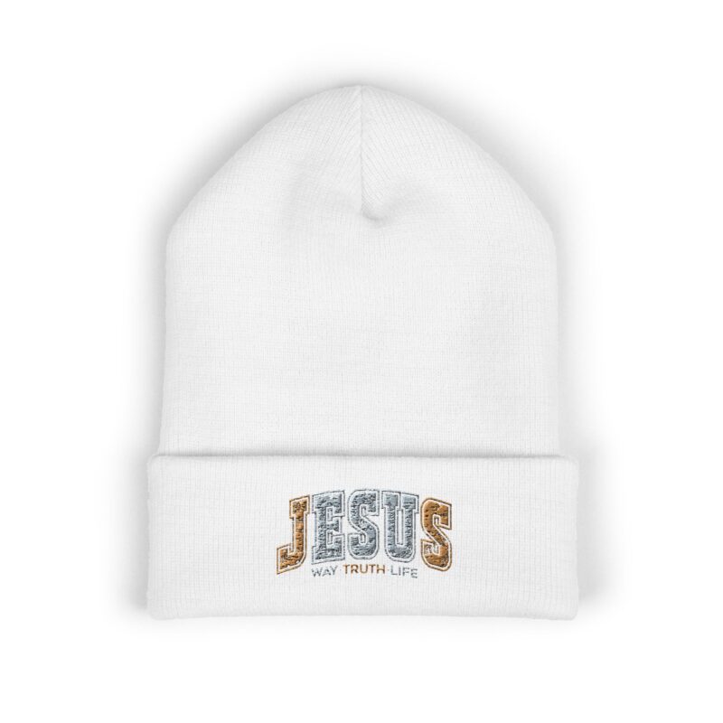 embroidered 'jesus' classic cuffed beanie — cozy christian knit hat