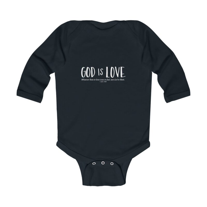 god is love infant long sleeve bodysuit — christian baby onesie for baptism & church
