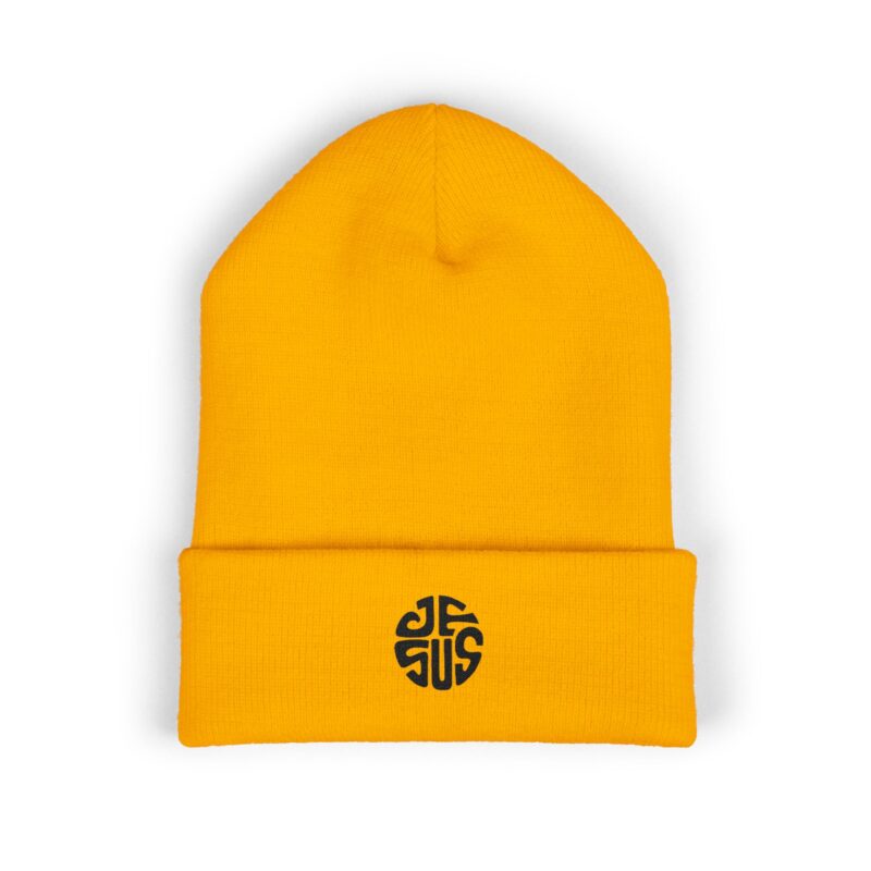 embroidered 'jesus' minimalist cuffed beanie — classic knit winter hat
