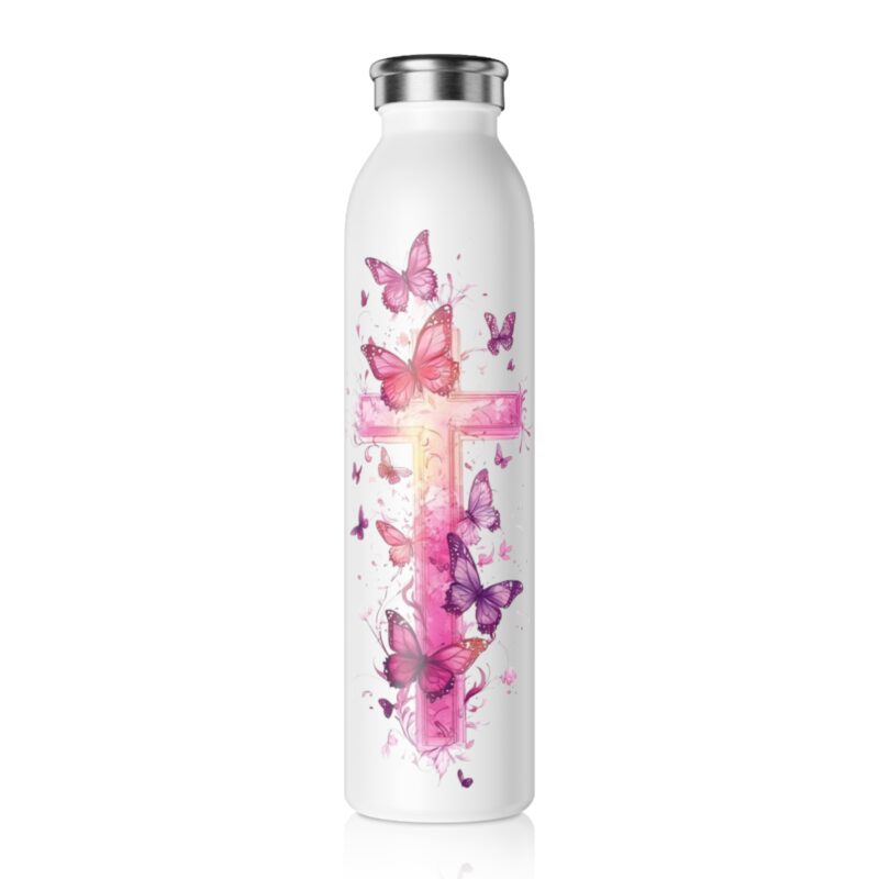 slim water bottle — pink butterfly cross stainless bottle (christian inspirational gift)