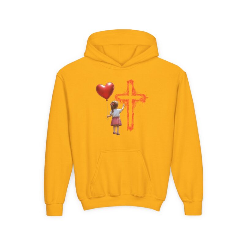 youth hoodie — girl with heart balloon & cross christian faith sweatshirt