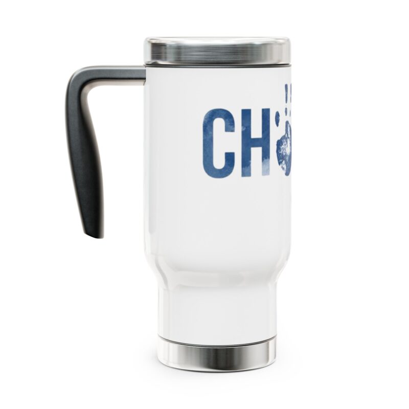 chosen faith travel mug — 14oz stainless steel tumbler with handle (1 peter handprint design)