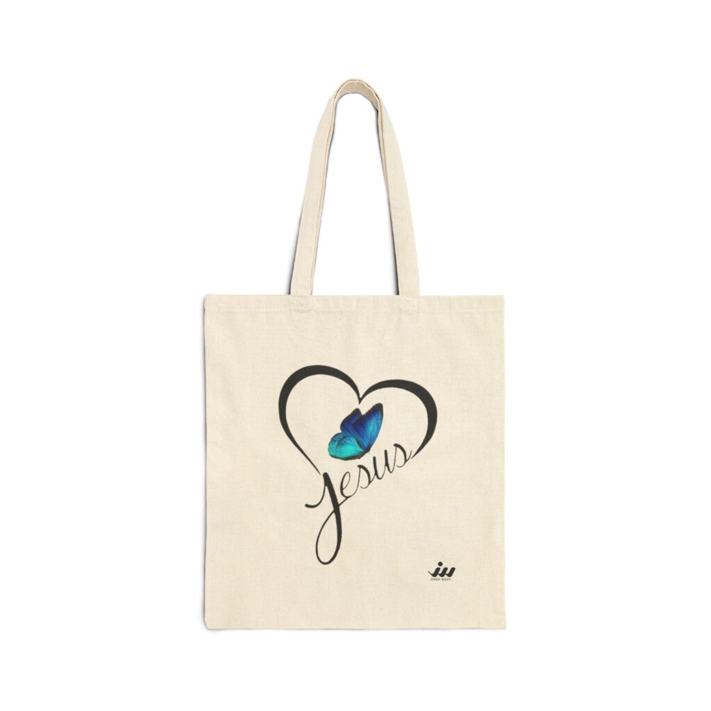 T-Shirts tote bag — faith heart design: 'jesus' script with butterfly | christian canvas shopper