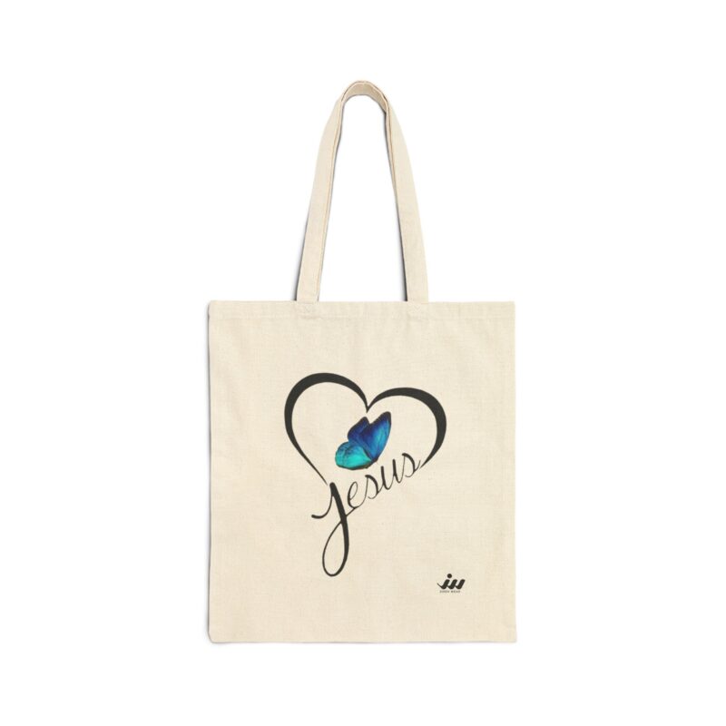 tote bag — faith heart design: 'jesus' script with butterfly | christian canvas shopper