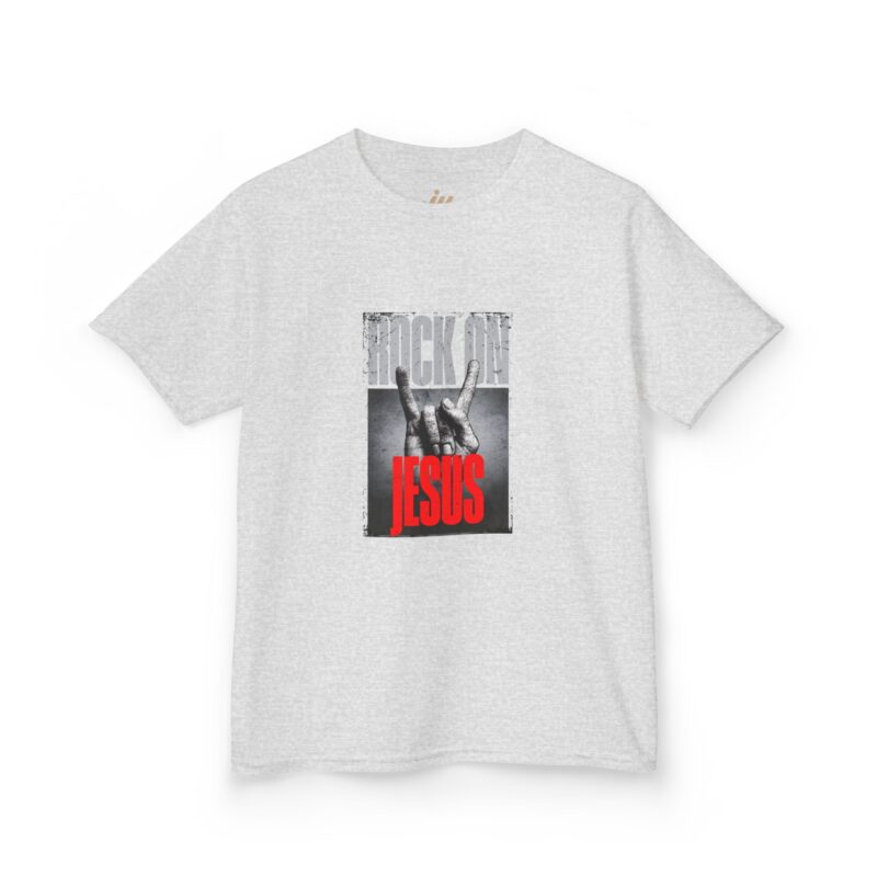 'rock on jesus' graphic youth t shirt