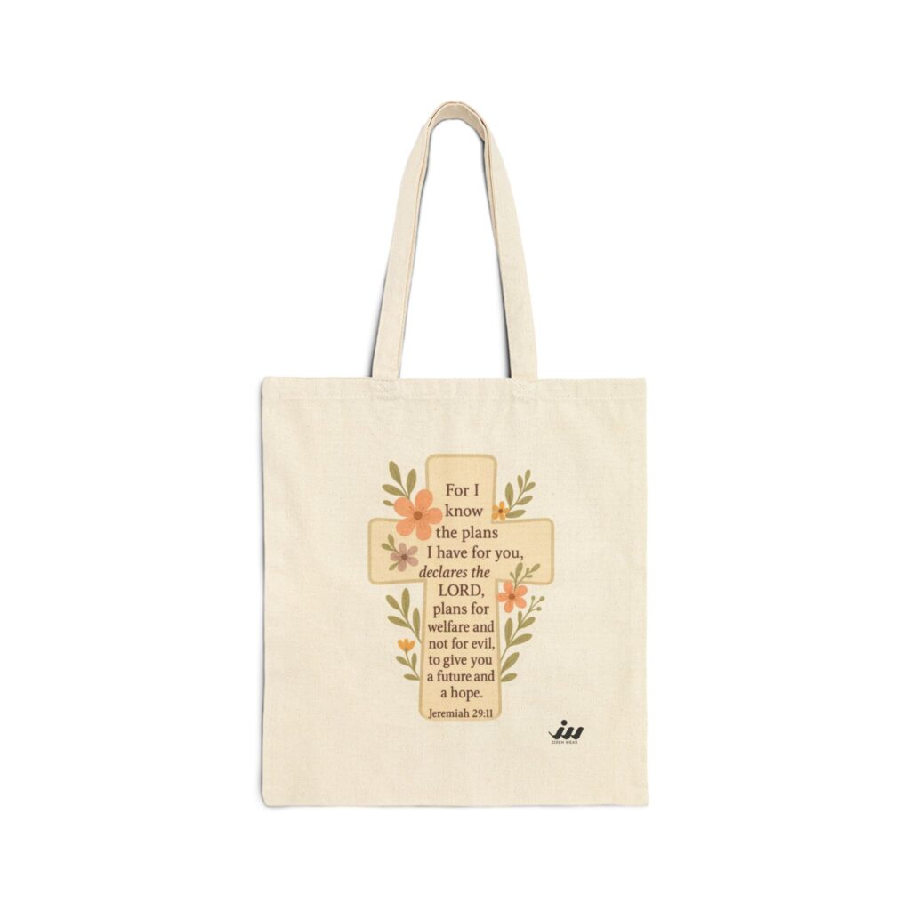 faith cross tote bag — jeremiah 29:11 floral cotton canvas tote