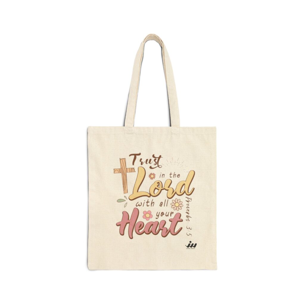 T-Shirts faith tote bag — "there is power in the name of jesus" canvas market tote