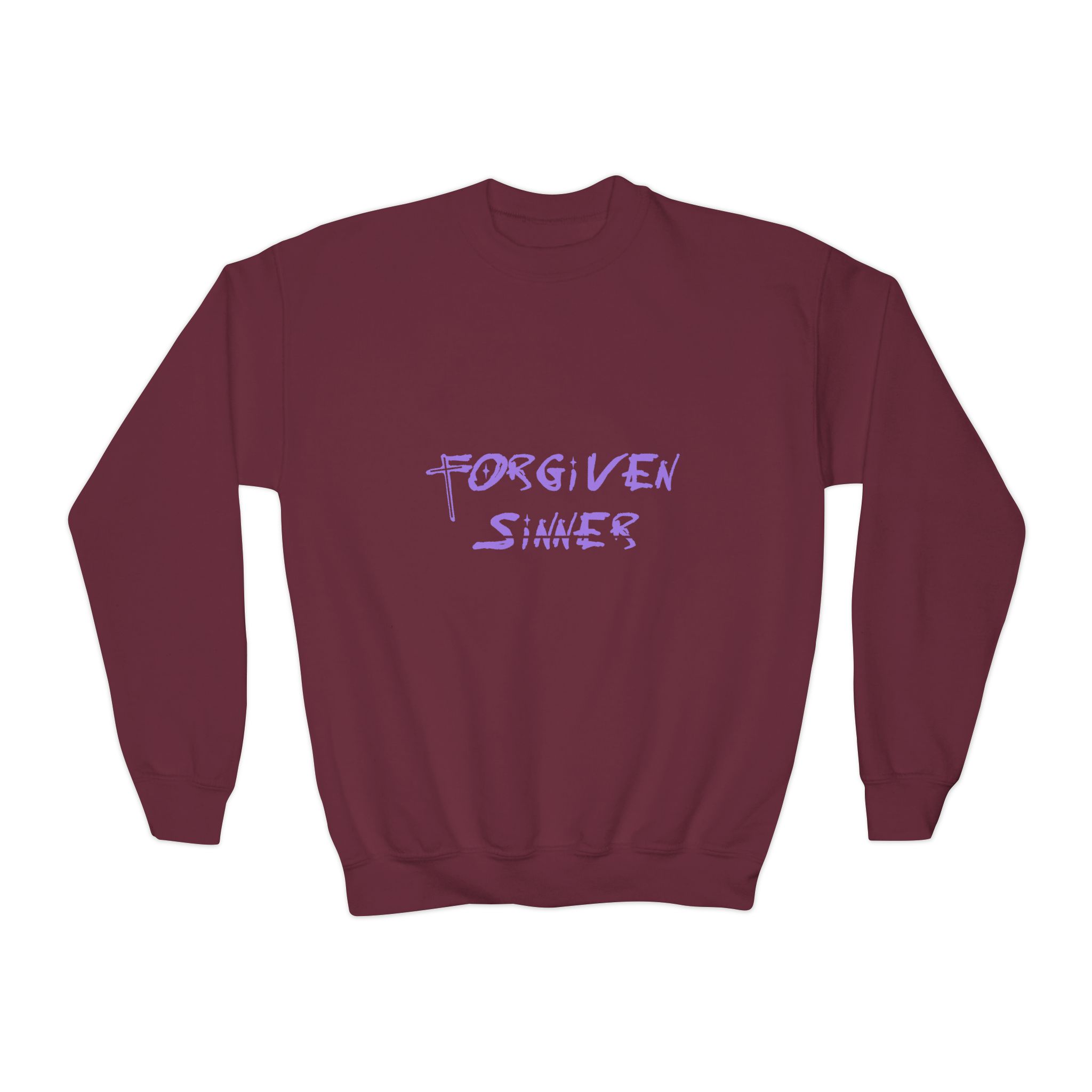 youth crewneck sweatshirt "forgiven sinner" handwritten faith graphic youth crewneck sweatshirt "forgiven sinner" handwritten faith graphic