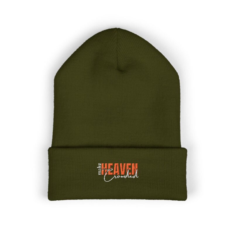 embroidered 'heaven' classic cuffed beanie — olive rib knit winter hat