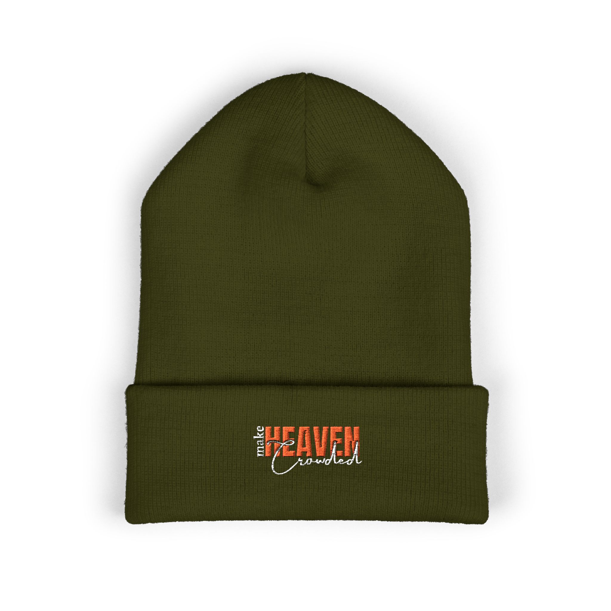 embroidered 'heaven' classic cuffed beanie — olive rib knit winter hat embroidered 'heaven' classic cuffed beanie — olive rib knit winter hat