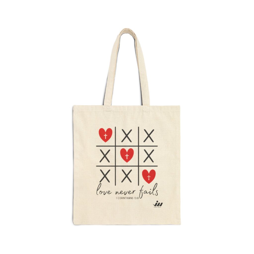 tote bag — "love never fails" tic tac toe heart canvas tote