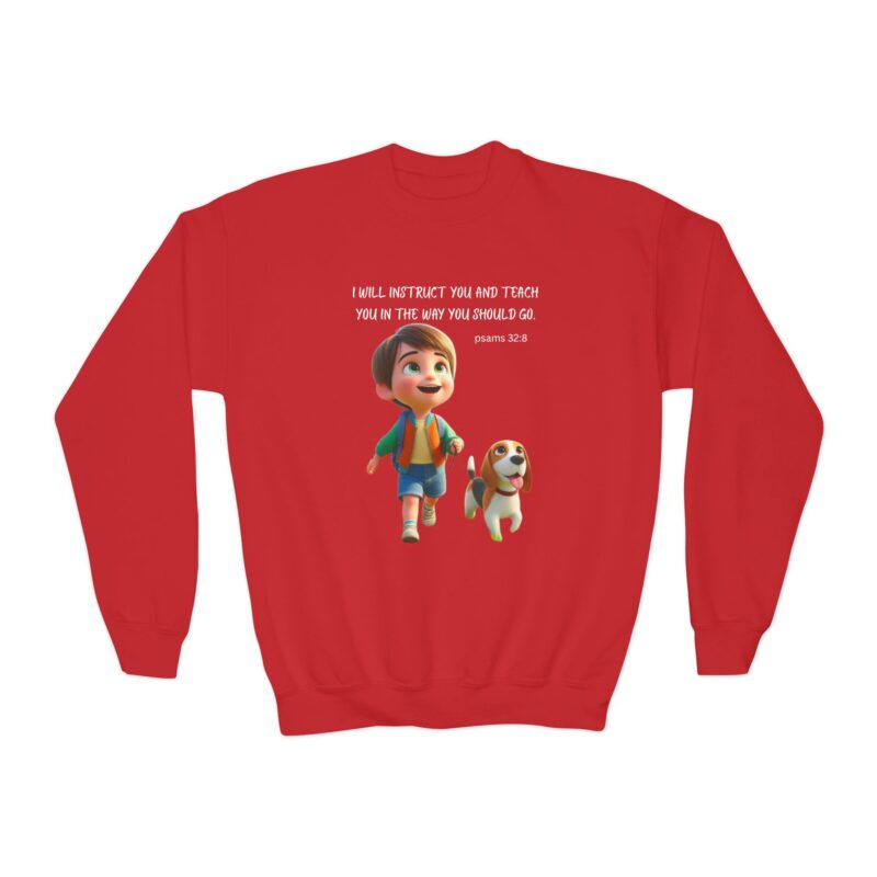 Home youth crewneck sweatshirt — inspirational kids sweatshirt "i will instruct you and teach you" with boy and puppy graphic
