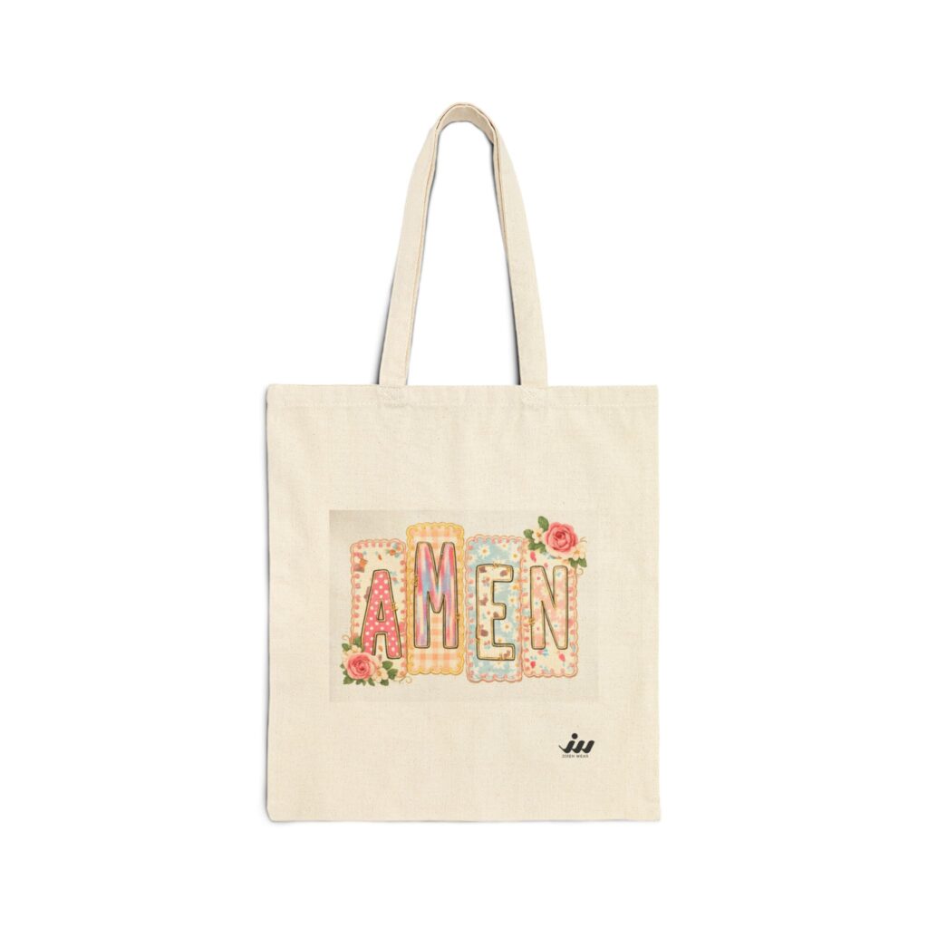 T-Shirts amen floral canvas tote bag — cotton market grocery bag with vintage lettering
