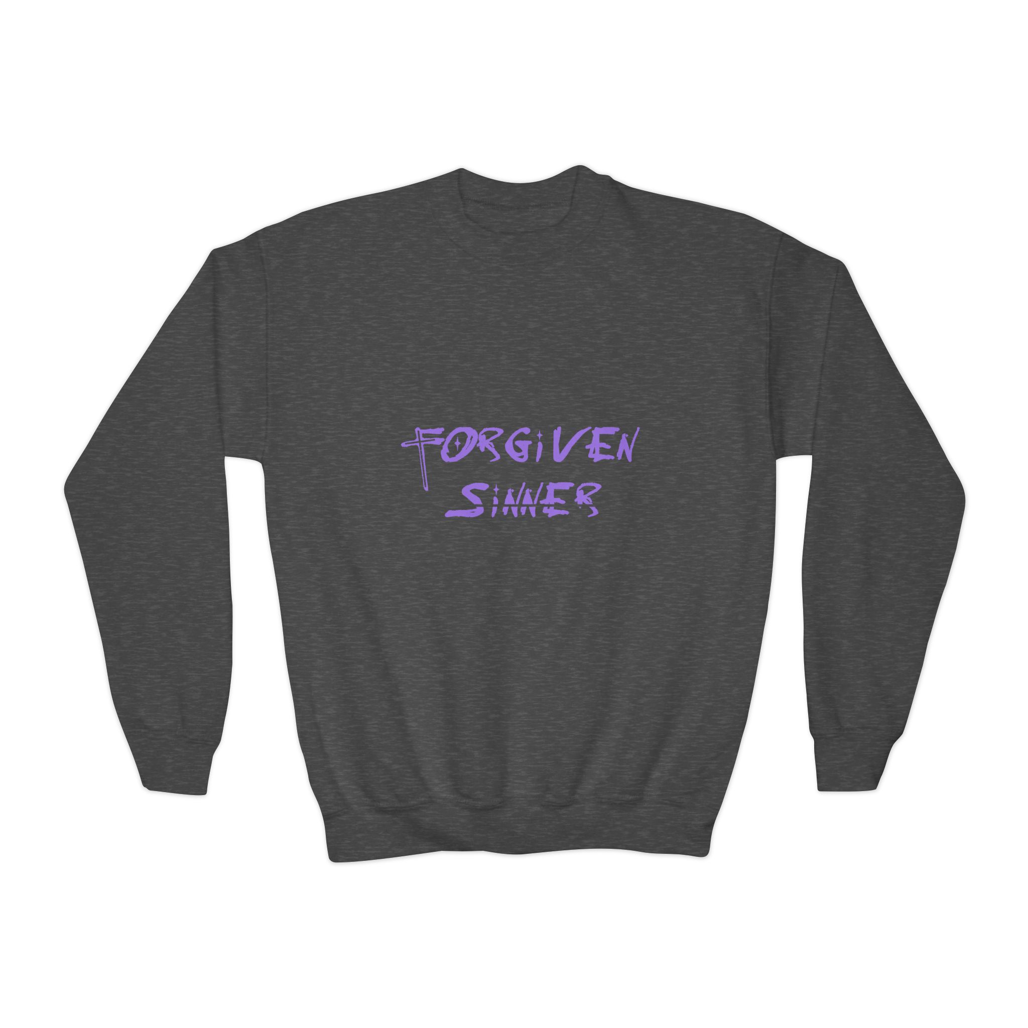 youth crewneck sweatshirt "forgiven sinner" handwritten faith graphic youth crewneck sweatshirt "forgiven sinner" handwritten faith graphic