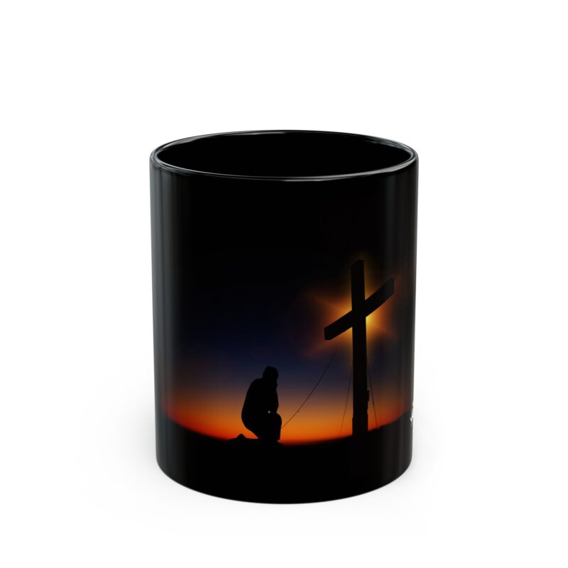 christian prayer mug — kneeling silhouette at cross sunrise coffee cup