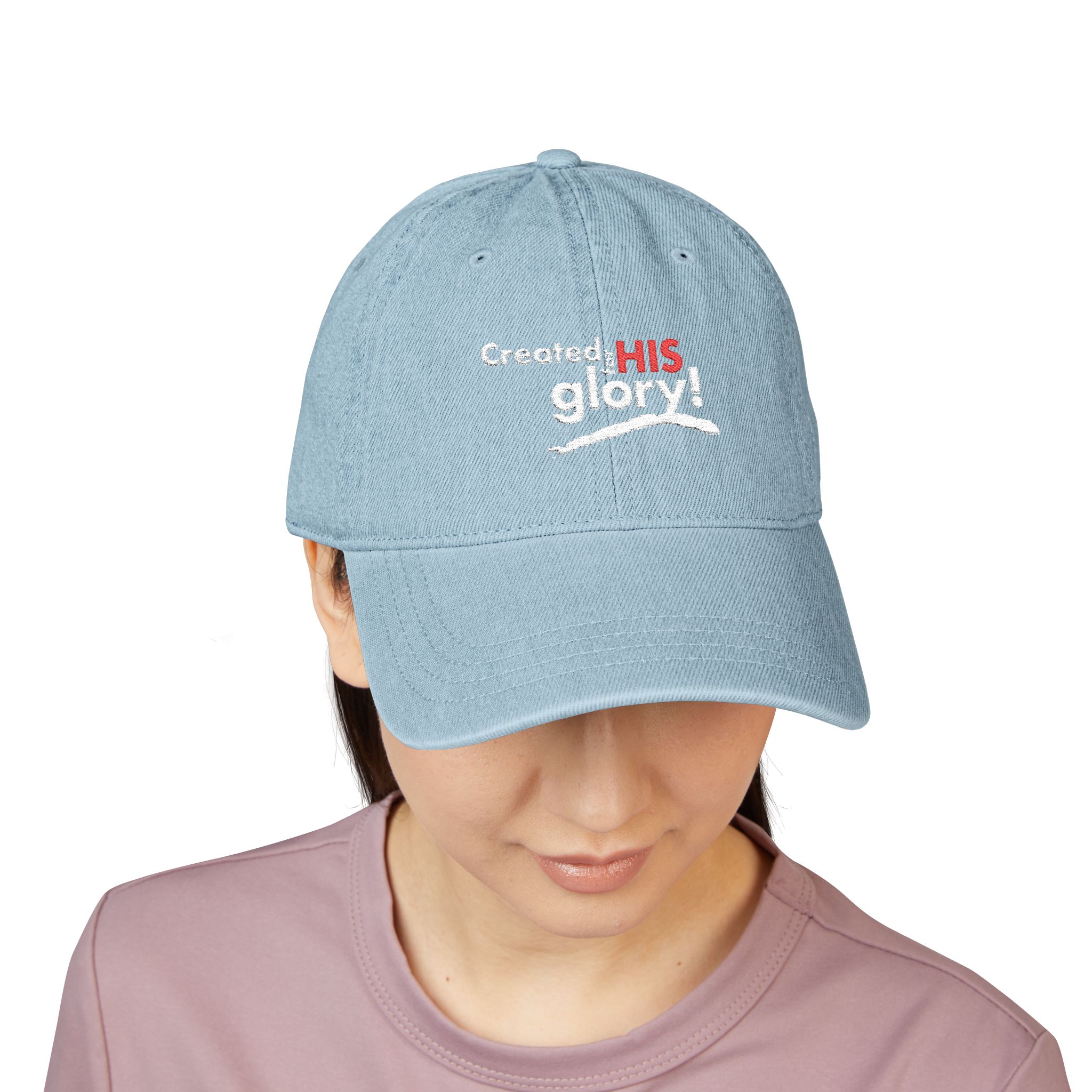 created for his glory embroidered denim hat — christian baseball cap created for his glory embroidered denim hat — christian baseball cap