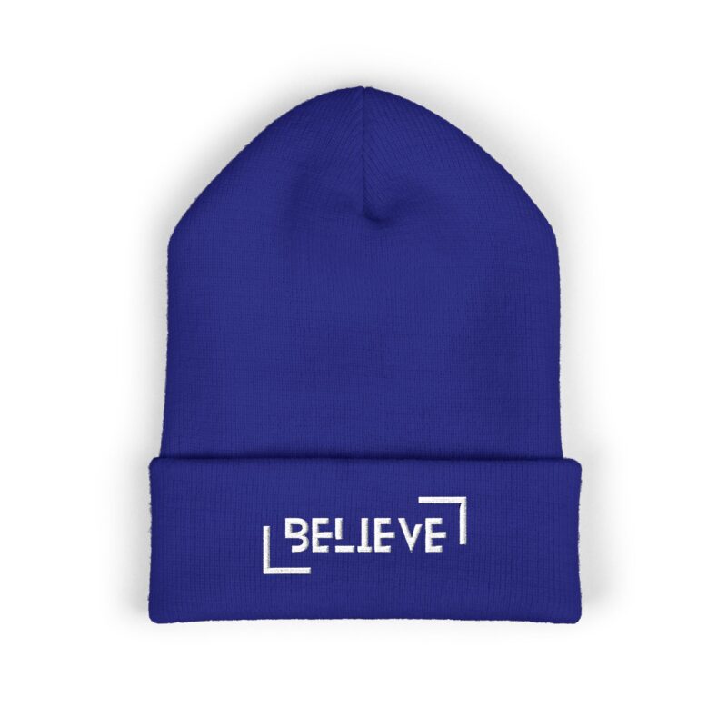 believe embroidered cuffed beanie — cozy motivational knit hat