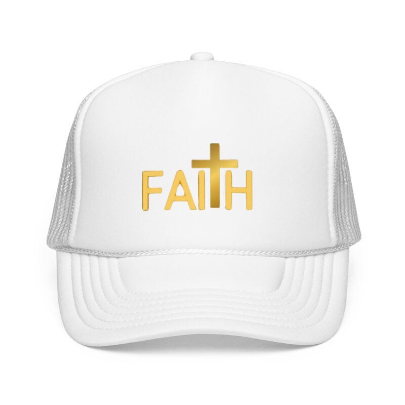 faith cross trucker hat — gold foil christian foam cap
