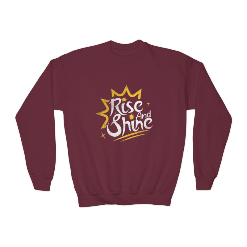 youth crewneck sweatshirt — "rise and shine" graphic kids sweatshirt, motivational morning design