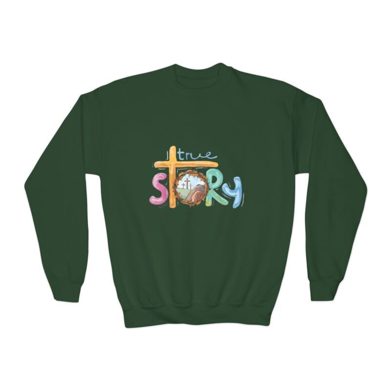 youth crewneck sweatshirt — "true story" colorful cross & globe christian kids pullover