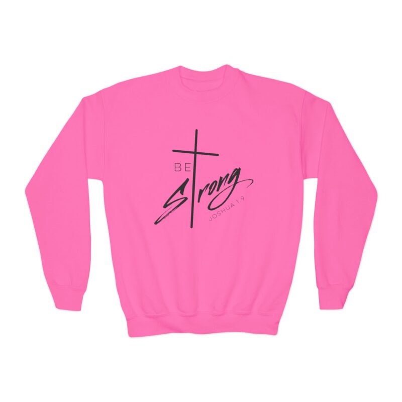 be strong youth crewneck sweatshirt — faith cross inspirational pullover