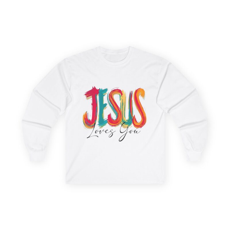 long sleeve tee — "jesus loves you" colorful brush script