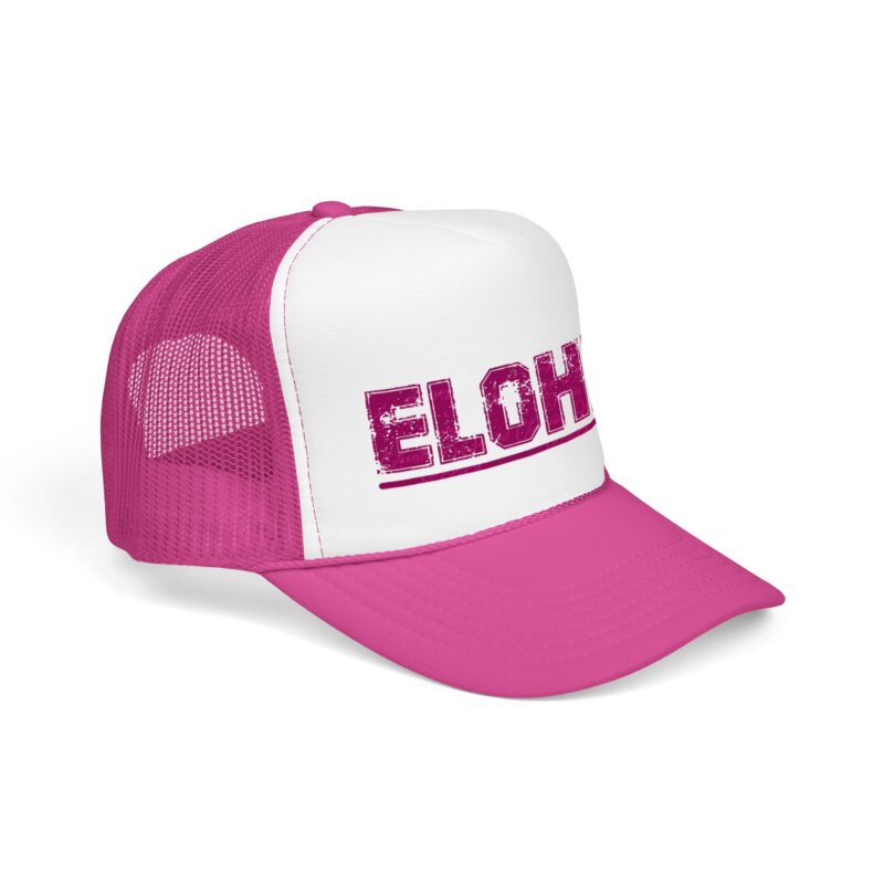 elohim trucker hat — pink foam mesh cap with distressed faith logo