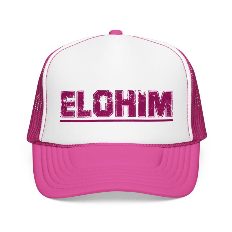 elohim trucker hat — pink foam mesh cap with distressed faith logo