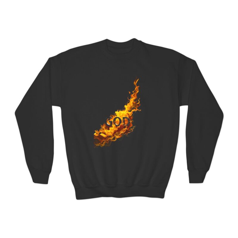 youth crewneck sweatshirt — fiery 'god' flame graphic