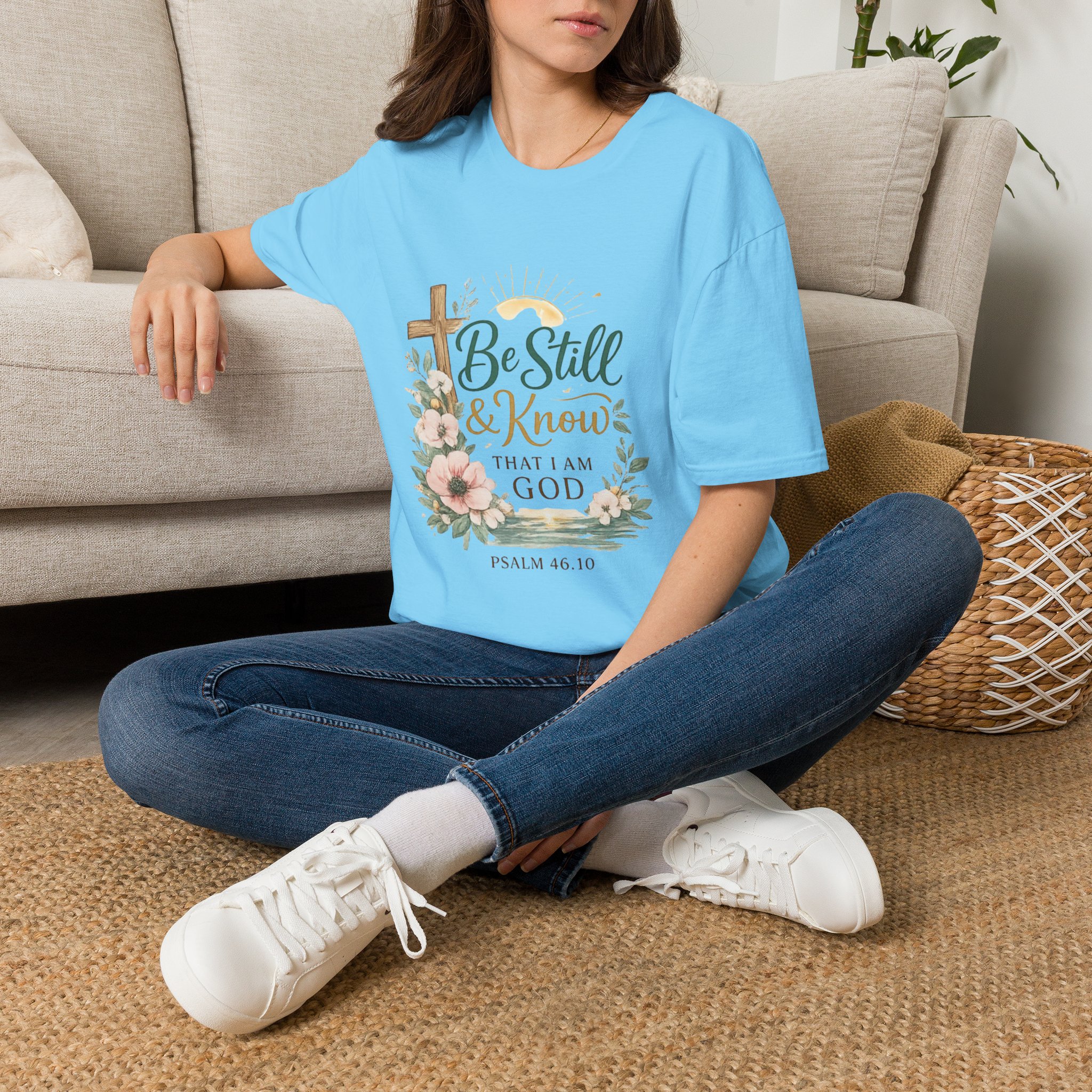 be still & know t‑shirt — christian faith psalm 46:10 floral cross tee be still & know t‑shirt — christian faith psalm 46:10 floral cross tee