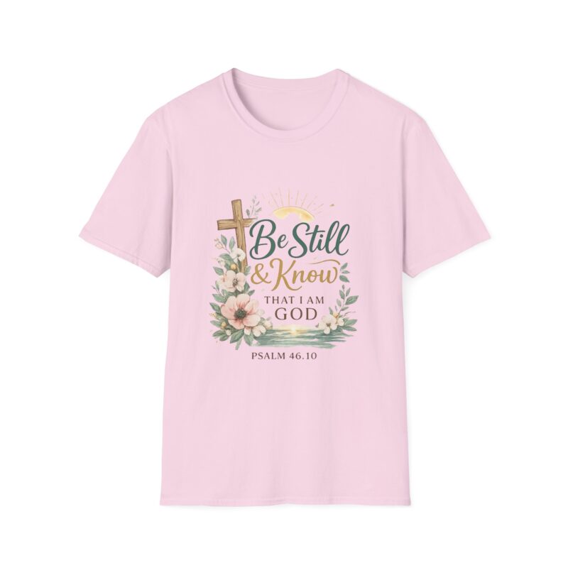 be still & know t‑shirt — christian faith psalm 46:10 floral cross tee
