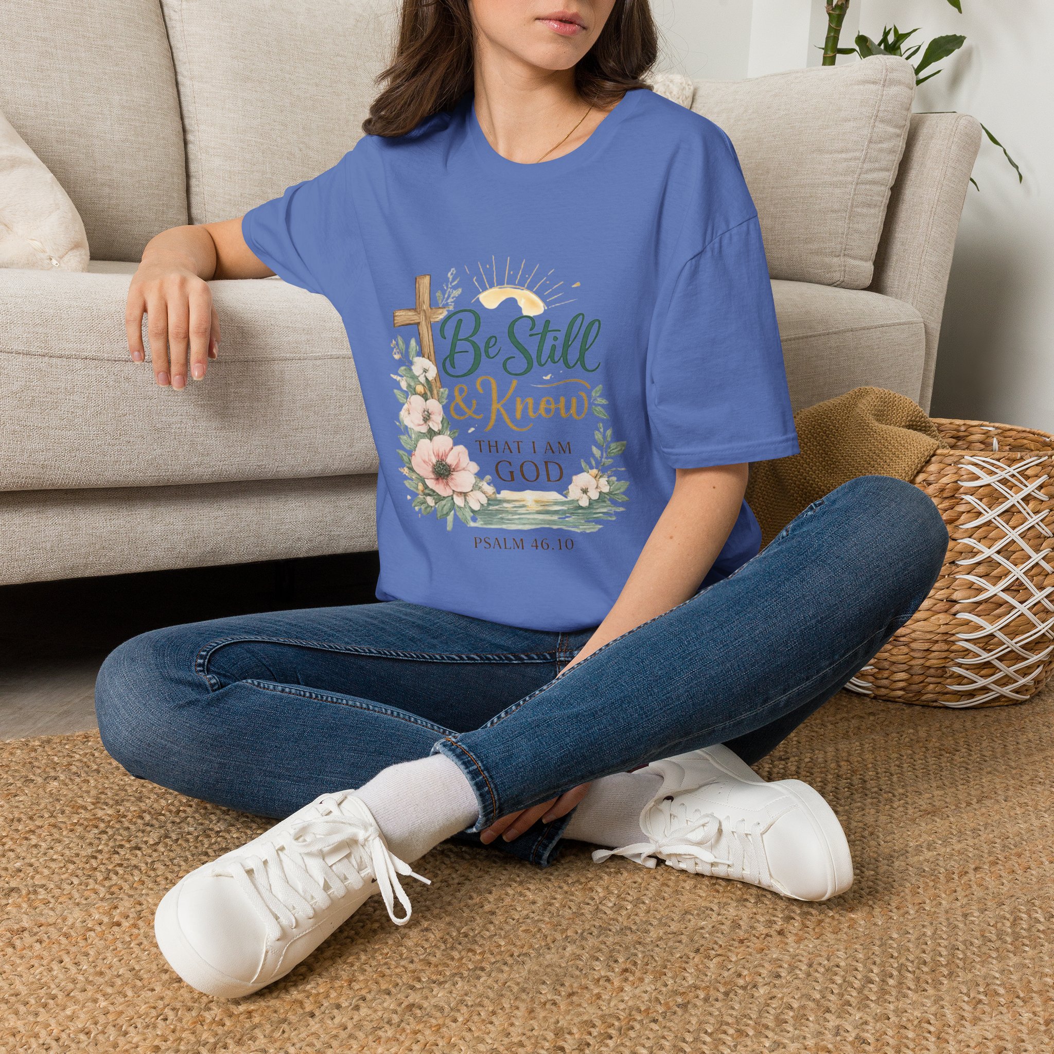 be still & know t‑shirt — christian faith psalm 46:10 floral cross tee be still & know t‑shirt — christian faith psalm 46:10 floral cross tee