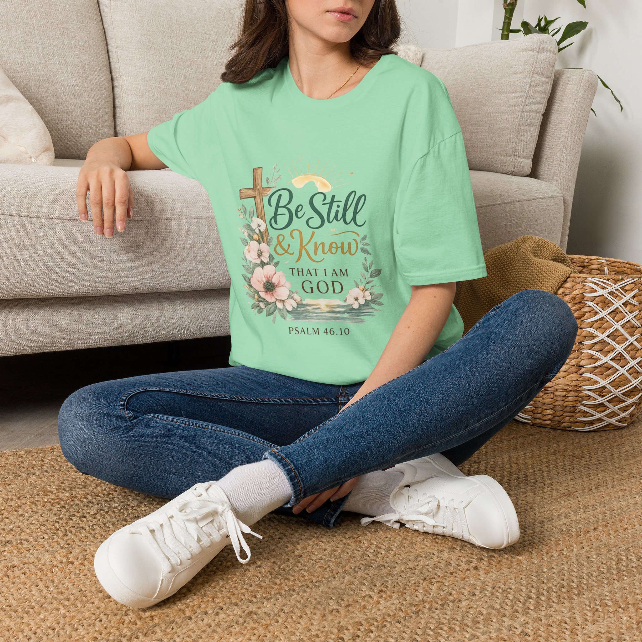 be still & know t‑shirt — christian faith psalm 46:10 floral cross tee be still & know t‑shirt — christian faith psalm 46:10 floral cross tee
