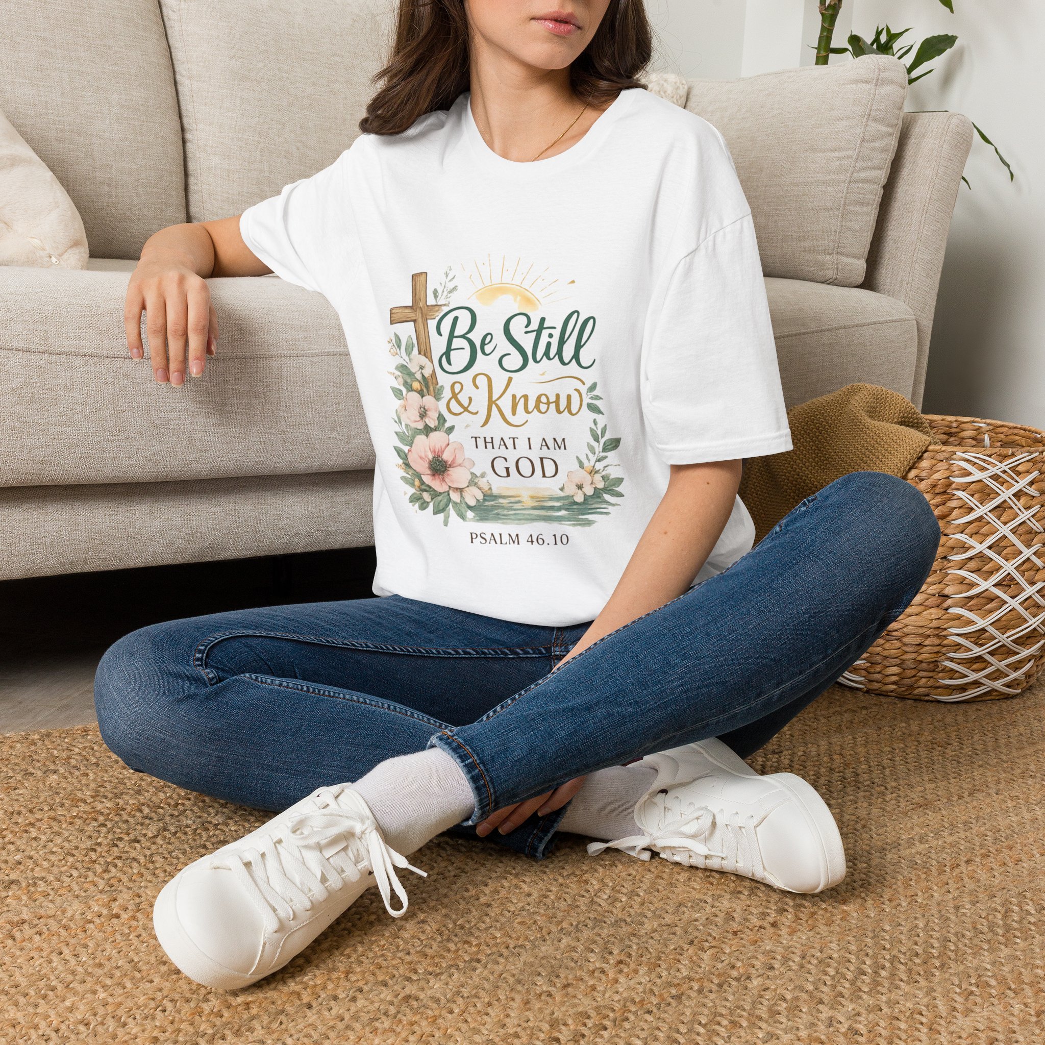 be still & know t‑shirt — christian faith psalm 46:10 floral cross tee be still & know t‑shirt — christian faith psalm 46:10 floral cross tee