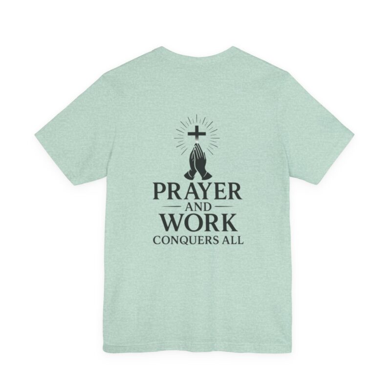prayer and work tee 'prayer and work conquers all' christian cross & praying hands t shirt