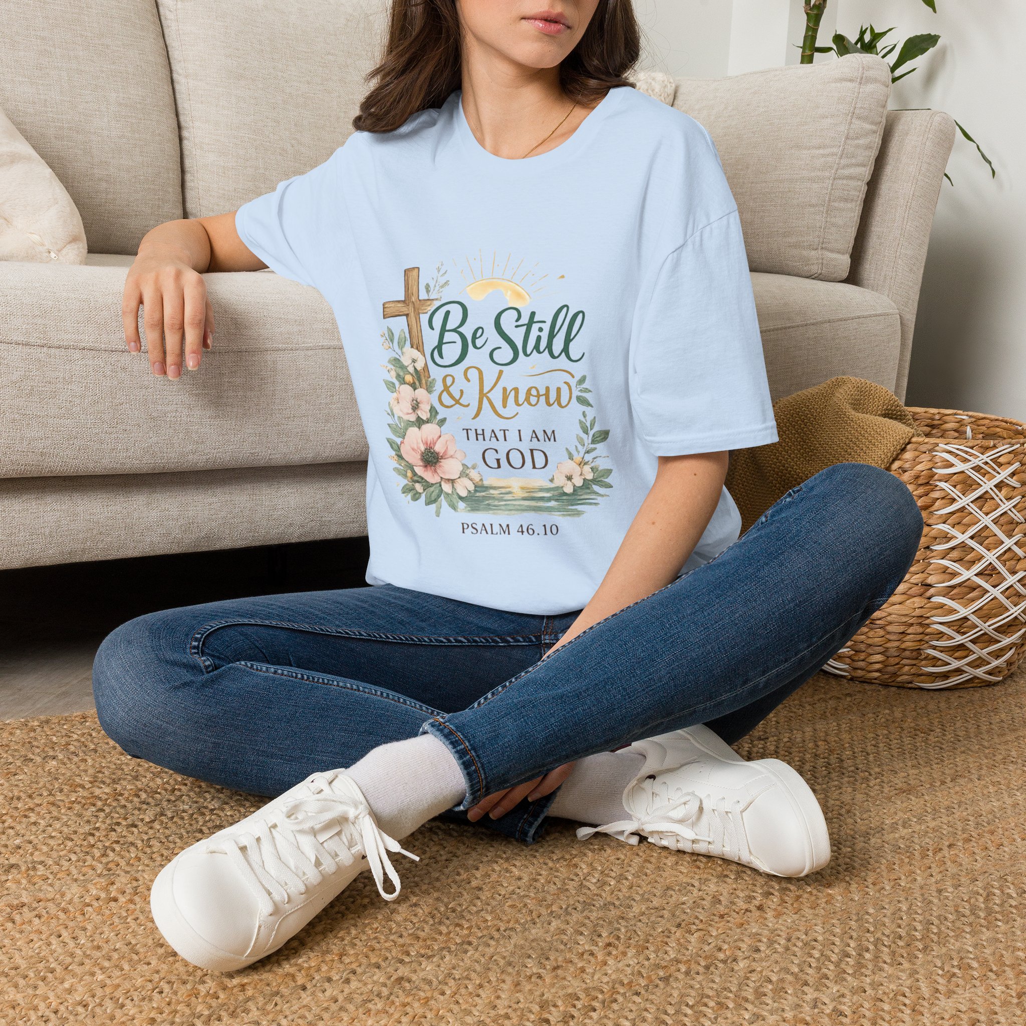 be still & know t‑shirt — christian faith psalm 46:10 floral cross tee be still & know t‑shirt — christian faith psalm 46:10 floral cross tee