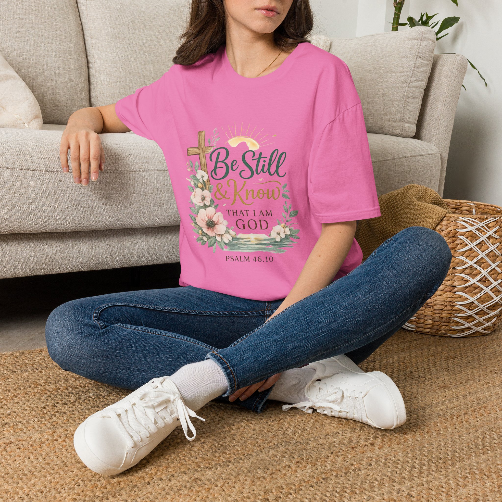 be still & know t‑shirt — christian faith psalm 46:10 floral cross tee be still & know t‑shirt — christian faith psalm 46:10 floral cross tee