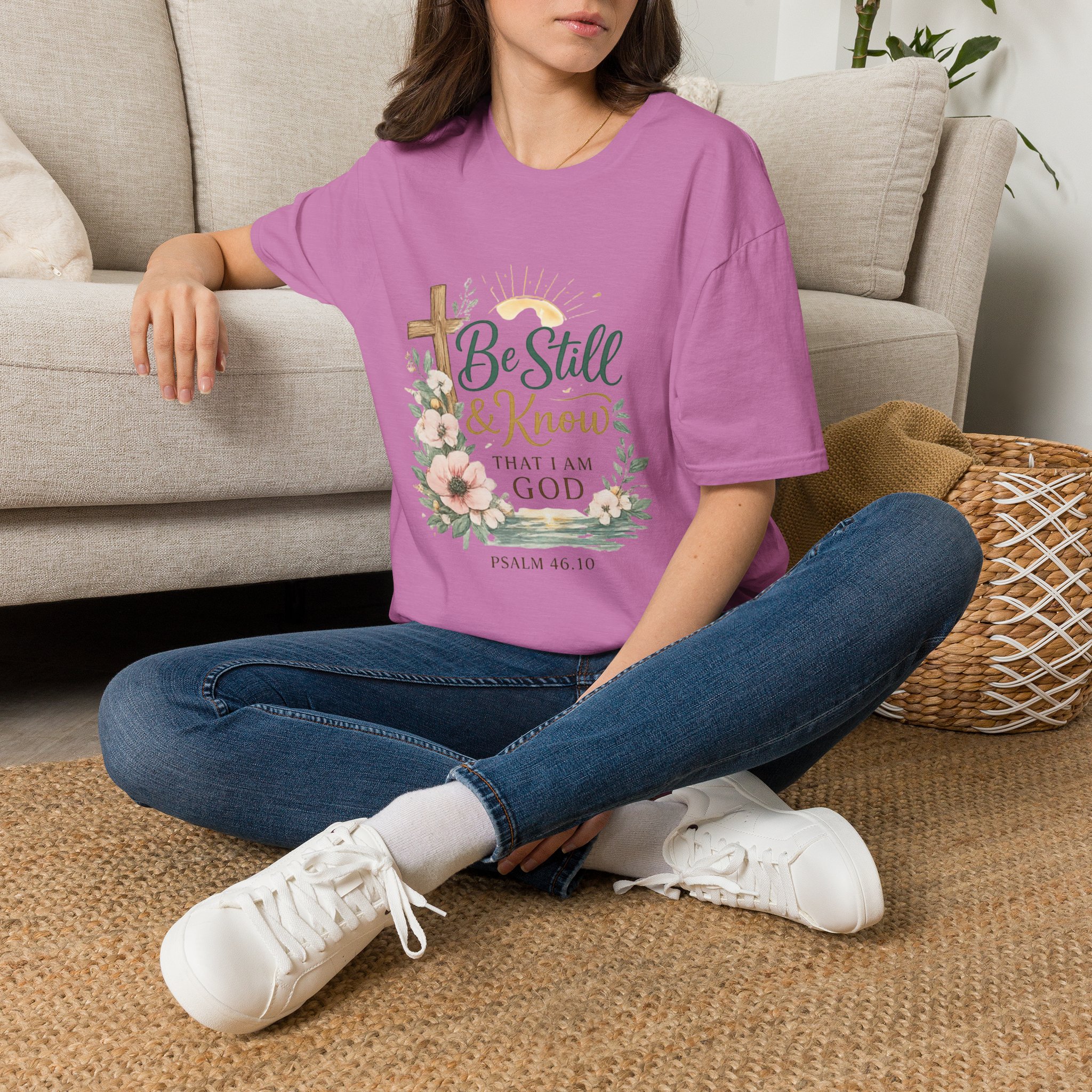 be still & know t‑shirt — christian faith psalm 46:10 floral cross tee be still & know t‑shirt — christian faith psalm 46:10 floral cross tee