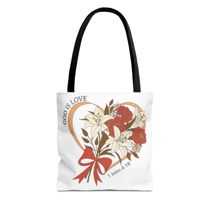 christian floral tote bag – "god is love" heart bouquet (1 john 4:16)